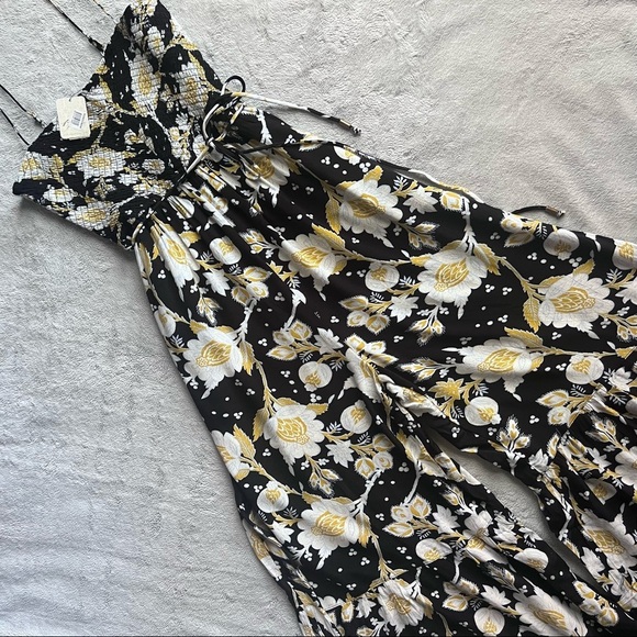 Free People Pants - NWT Free People Little of Your Love Smocked Wide Ruffle Jumpsuit Black Floral